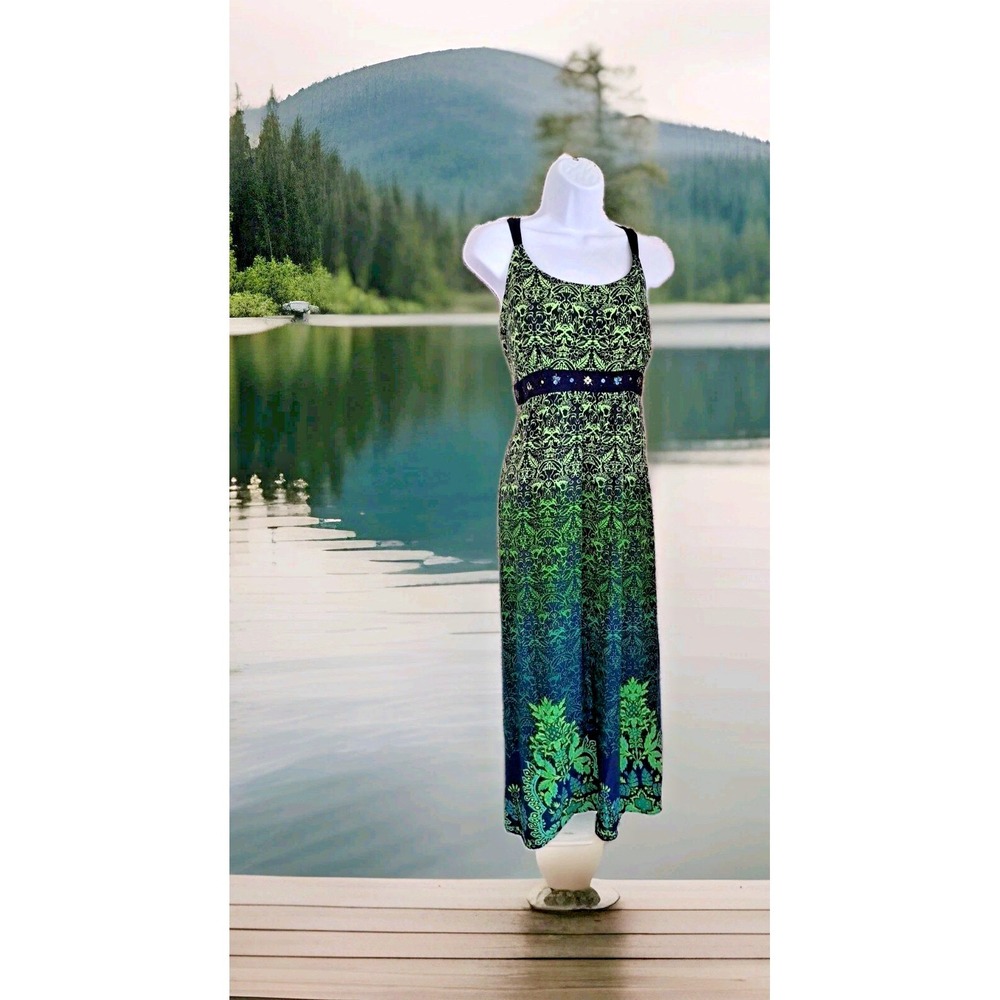 R&K Originals‎ Maxi Dress 14 Green Ombre Smocked Back Built In Bra Beach Resort